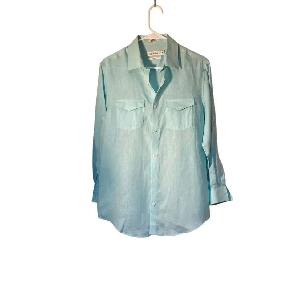 Calvin Klein men’s 100% linen roll tab sleeve classic fit shirt S